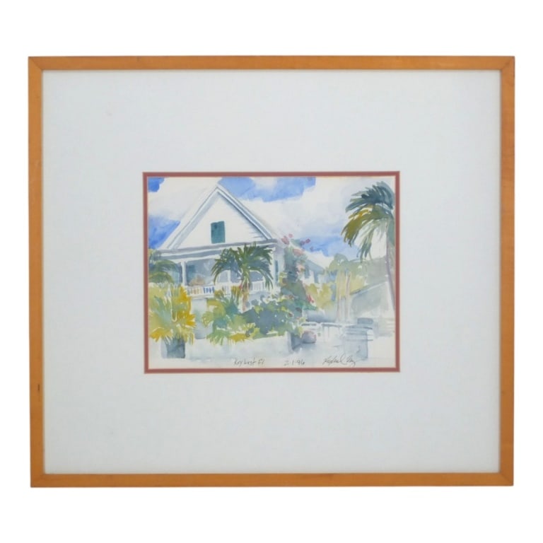 1996 Watercolor "Key West, FL": 1996 Watercolor on paper. "Key West FL". Titled, dated 2-1-96, signed Ruben Cruz?. Framed and under glass. Measures 8*1/2 x 11-1/4", frame 19-3/4" x 22-1/4". Condition: Good condition. Estimate 40 - 6