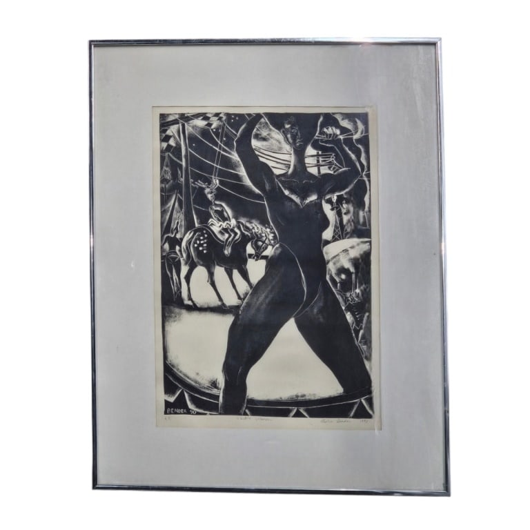 Leslie Bender Linocut "Electric Woman": Leslie Bender (American, b. 1952) Linocut "Electric Woman". Signed in print Bender '90, Pencil signed, numbered AP and titled in lower margin. Framed and under glass. Measures 19-3/4" x 13-3/4" (sight