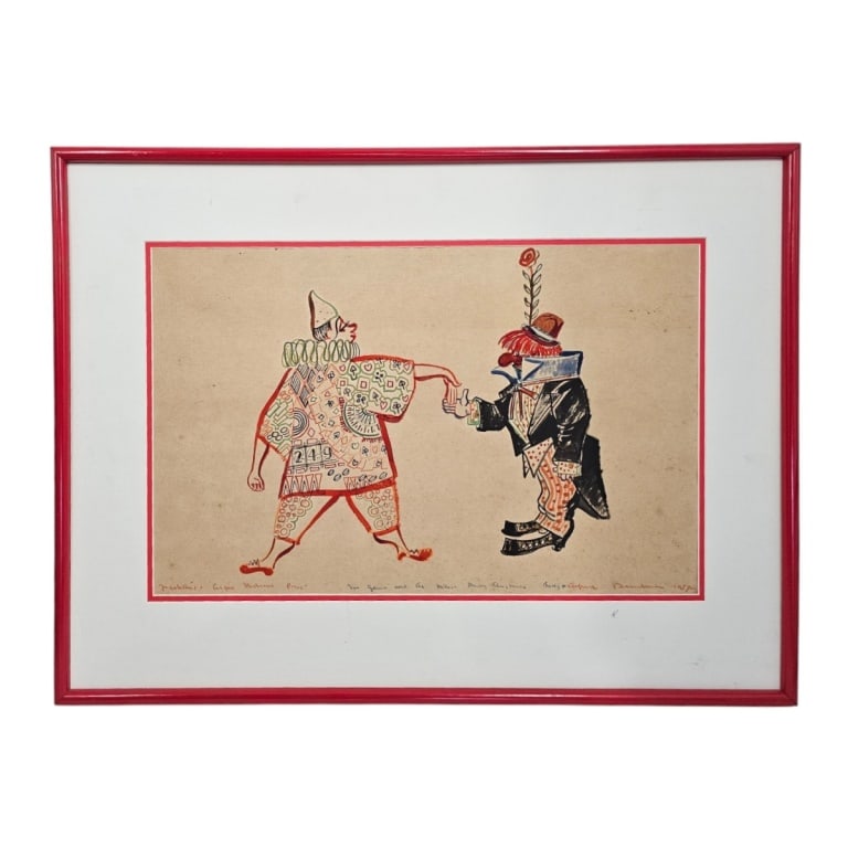 Alfred Bendiner Watercolor illustration "Clowns": Alfred Bendiner (American/PA, 1899-1964) Watercolor illustration "Clowns". Inscribed by the artist "Fratellini - Cirque - M_____? Paris; "For Germin and Al Mill__ Merry Christmas; Betty and Alfred Ben