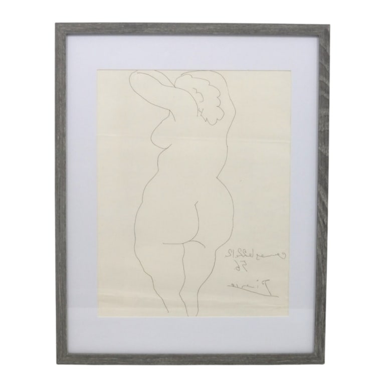 After Picasso Etching "Femme vue de Dos": After Picasso Etching "Femme vue de Dos". Facsimile signature. Framed under glass. Measures 13-1/2" x 10-1/2" (sight), frame 18-3/4" x 15". Condition: Toning to the paper otherwise good condition.