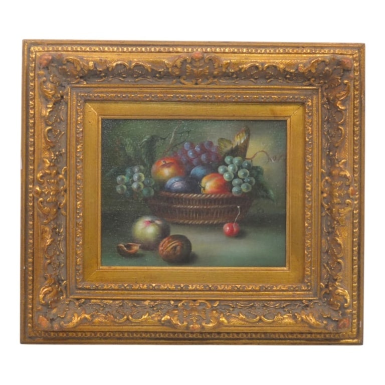 Antique Style Oil on Canvas "Still Life of Fruit": Antique Style Oil on Canvas "Still Life of Fruit". In ornate gilt frame. Unsigned. Measures 8" x 10", frame 15-5/8" x 17-5/8". Condition: Good condition. Estimate 40 - 80 Domestic shipping Third Party