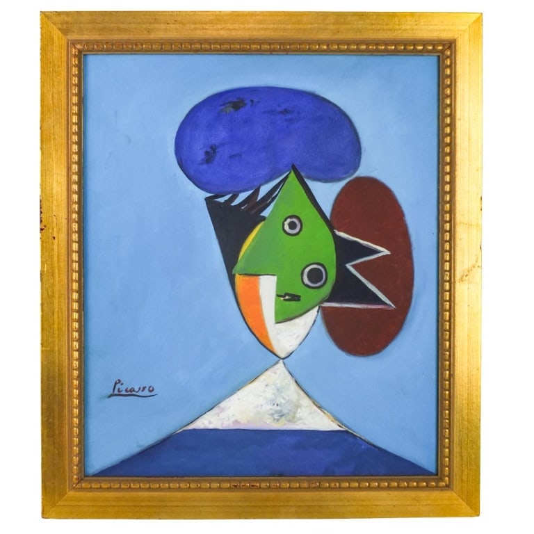 After: Pablo Picasso, Spanish (1881 - 1973): After: Pablo Picasso, Spanish (1881 - 1973) Oil on Canvas "Cubist Composition" Signed Lower Left. Measures 15" x 12-1/2". Frame measures 17-1/2" x 15-1/4". Condition: Good condition. Estimate 100 -