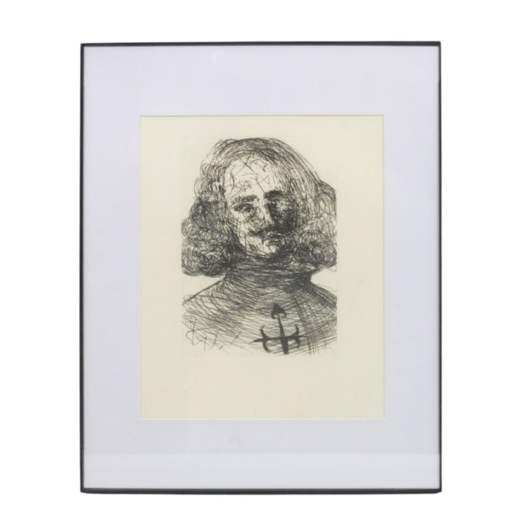 After Salvador Dali Etching "Velazquez": After Salvador Dali (Spanish, 1904-1989) Etching "Velazquez". Signed in plate. Framed under glass. Measures 9-1/2" x 7-1/2" (sight), frame 14" x 11". Condition: Good condition. Estimate 60 - 120