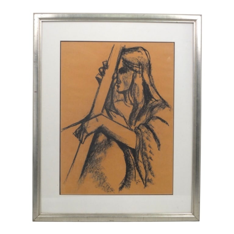 Vintage Charcoal Drawing on Paper "Woman": Vintage Charcoal Drawing on Paper "Woman" possibly playing a musical instrument. Signed illegibly lower right. Framed under glass. Measures 22-3/4" x 16-3/4" (sight), frame 31-1/4" x 25-1/4".