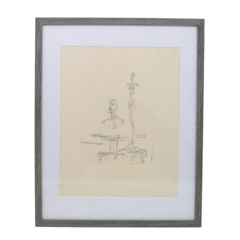 After Giacometti Etching "Dans l'Atelier, 1965": After Alberto Giacometti (Swiss, 1901-1966) Etching "Dans l'Atelier, 1965". Unsigned. Framed under glass. Measures 13-1/2" x 10-1/2" (sight), frame 18-3/4" x 15". Condition: Toning or in good
