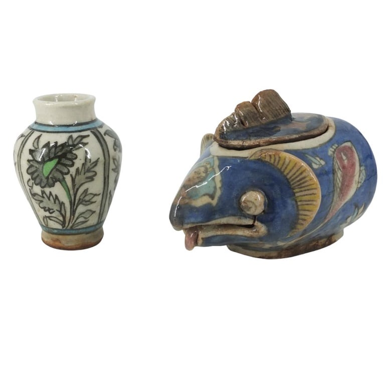 Grouping of Antique Middle Eastern Tableware: Grouping of Two Antique Persian / Middle Eastern Glazed Pottery Tableware. Includes incense burner and vase. Vase measures 5 x 3-1/2". Incense burners measures 5-3/4" x 5" x 7" Condition: Good