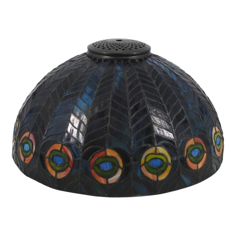 Vintage Tiffany Style Lamp Shade: Vintage Tiffany Style Leaded Lamp Shade. Unsigned. Measures 8" H x 15-1/2" diameter, Condition: Good condition. Estimate 100 - 200 Domestic shipping Third party