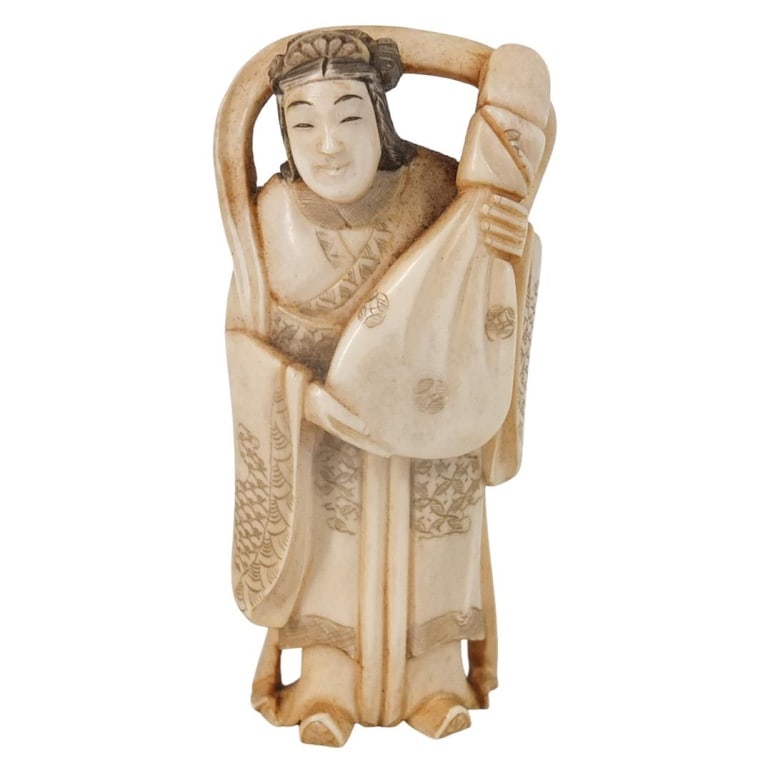 Antique Japanese Carved Figurine: Antique Japanese Polychrome Carved Figurine of a Lady Holding a Sack. Unsigned. Measures 3" x 1-1/2". Please note; this lot contains material which may be subject to state or import/export