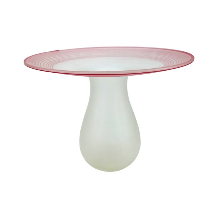 LARGE Mid Century Italian Art Glass Vase: LARGE Mid Century Italian Art Glass Vase. Features a bulbous body tapering to a wide flared rim. Frosted glass with applied pink concentric circles on underside of rim. Made In Italy label affixed to