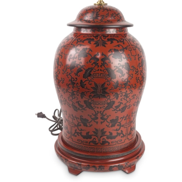 Large Chinese Ginger Jar Lamp: Large Chinese Red Lacquered Ginger Jar Lamp. Measures 22-1/2" x 10-1/4". Condition: Good condition. Estimate 100 - 200 Domestic shipping Third pa
