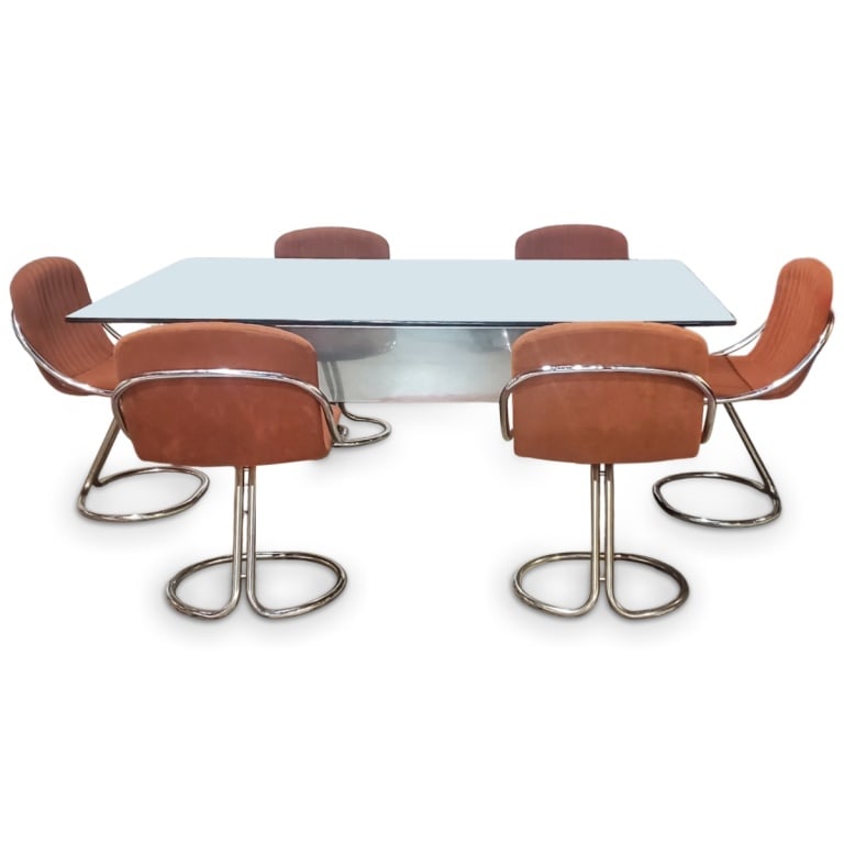 Attrib: Adrian Pearsall Table w/ Chairs: Attributed To: Adrian Pearsall Mid Century Stainless Steel and Cork Dining Table with Six Associated Mid Century Upholstered Chairs. Table height: 29-1/2" x 72" x 44". Chairs measure 32" x 21" x 18"