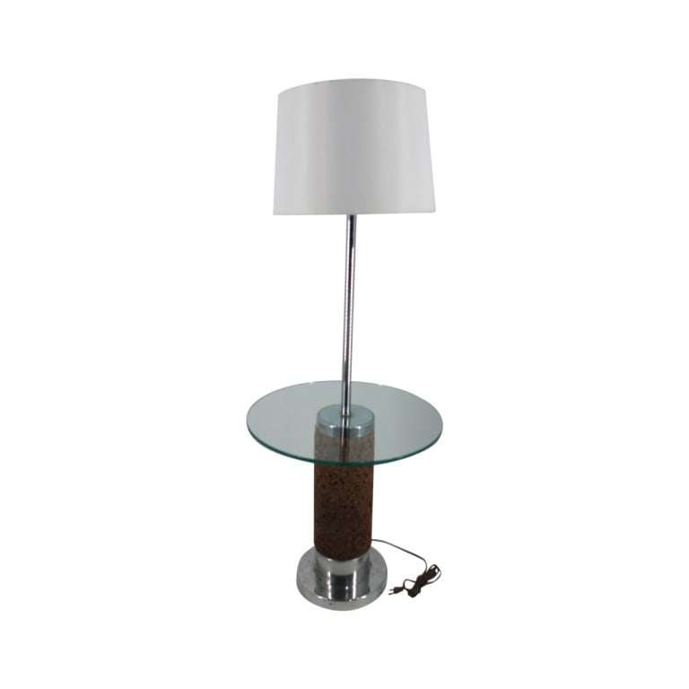 Mid Century Floor Lamp: Mid century cork and glass floor lamp. Measures 50-1/2" x 20". Condition: Some wear to the aluminum mounts otherwise good condition good vintage condition. Estimate 50 - 150 Domestic shipping Third