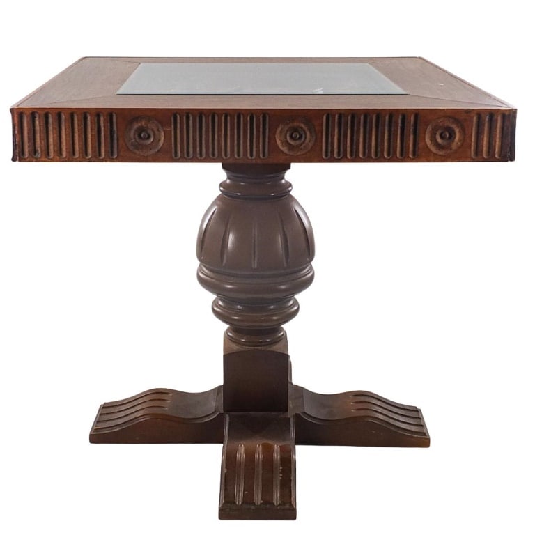 Signed Mid Century Art Deco Style Side: Mid Century Art Deco Style Side Table with Hand Carved Polychrome Landscape Carving in the Center Signed C. Hartmann. Measures 22" x 22-3/4" x 23". Condition: A piece listed as "attributed to" a