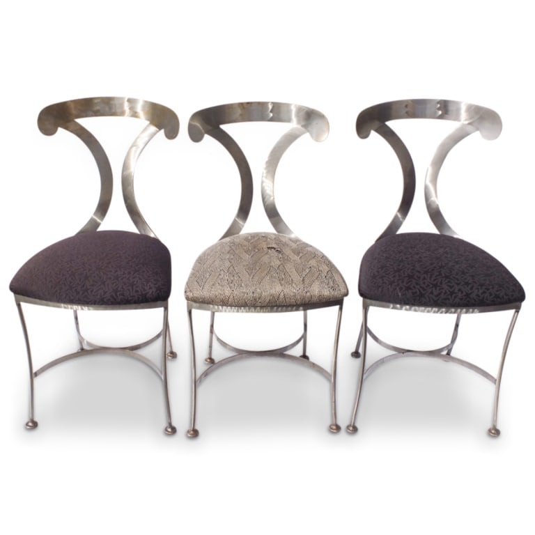 Shaver - Howard Inc. Brushed Steel Side Chairs: Shaver - Howard Inc., Group of Three Brushed Steel Side Chairs with Upholstered Seats. Factory label attached on the base. Measures 33" x 16-1/4", 19-1/2" sea height. Condition: Minor spotting to the