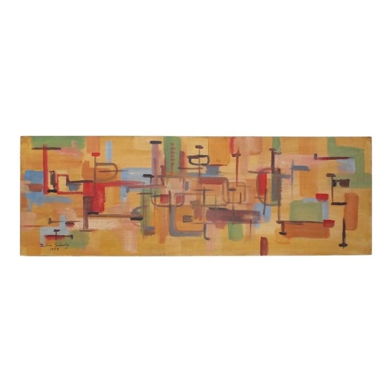 Zilia Sanchez MCM Oil/Masonite "Untitled Abstract": Possibly Zilia Sanchez (b. 1928) Mid Century Oil on Masonite "Untitled Abstract". Signed and dated 1958 lower left. Unframed. Measures 14" x 40-1/2". Condition: Good condition consistent with age.