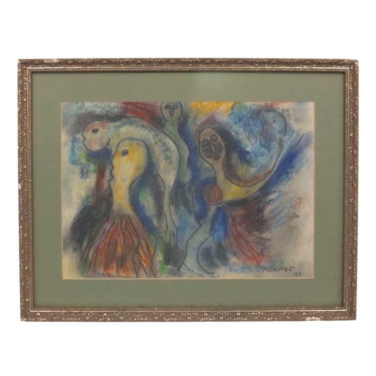 Signed Manuel Mendive Pastel/Paper "Figures": Possibly: Manuel Mendive, Cuban (b. 1944) Pastel on paper "Surrealist Figural Composition" . Signed and dated '91 lower left.9-1/2" X 13-1/2", frame measures 14" X 18". Condition: Toning or in good