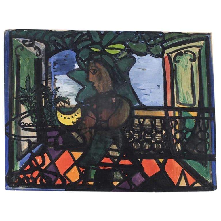Attrib: Amelia Pelaez (1896 - 1968): Attributed To: Amelia Pelaez, Cuban (1896 - 1968) Oil on Paper "Interior Scene with Figure" Unsigned. Measures 15" x 19-1/2". A piece listed as "attributed to" a particular artist has not been