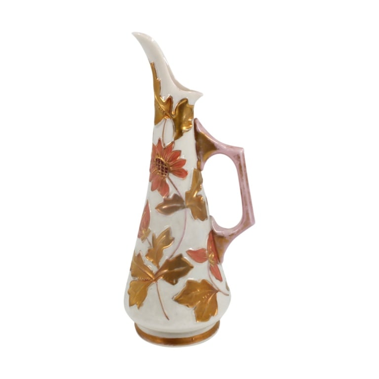 Antique RW Rudolstadt Porcelain Ewer: Antique RW Rudolstadt Porcelain Ewer. Seasonal autumnal motif. Raised mark on bottom. Measures 9-1/2" H. Condition: Light wear or in good condition consistent with age. Estimate 50 - 100 Domestic