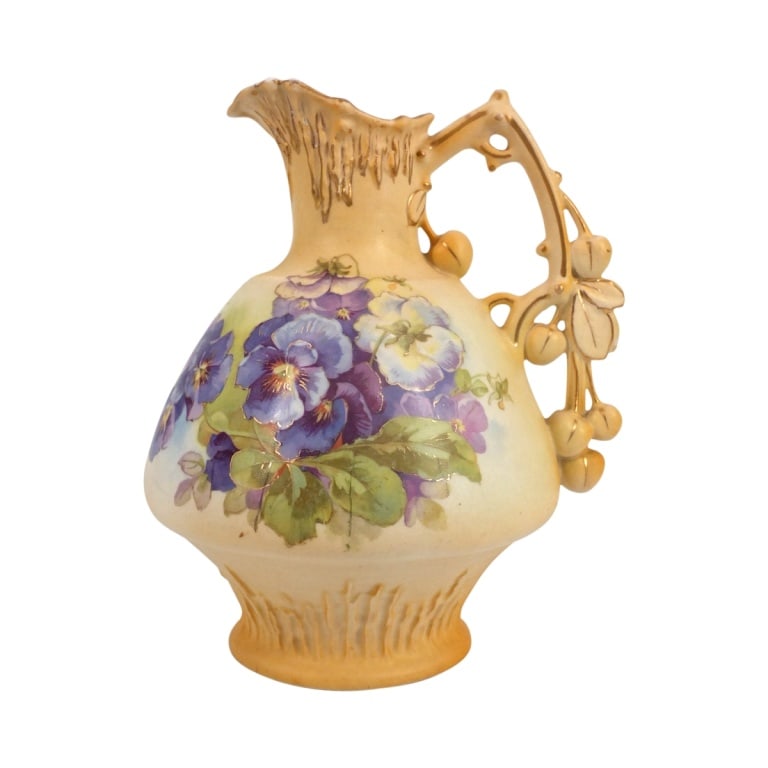 Antique Austrian Art Nouveau Porcelain Pitcher: Antique Austrian Art Nouveau Porcelain Pitcher. Hand painted floral motif. Impressed M or W on bottom. Measures 9" H x 8" W. Condition: Light wear at spout, crazing or in good condition consistent
