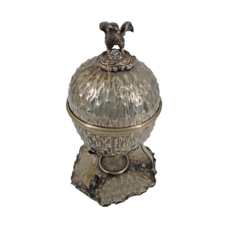 Victorian Desprez Bristol Silver Plate Egg Coddler: Victorian Desprez Bristol Silver Plate Egg Coddler with Bird Finial. Stamped on bottom. Measures 9" H. Condition: Light wear or in overall good condition consistent with age. Estimate 100 - 300