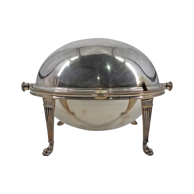 Antique Mappin & Webb Silver Plate Roll Over Dish: Antique Mappin & Webb Silver Plate Roll Over Serving Dish. Signed on bottom. Measures 8-1/2" H x 12-1/2" x 9". Condition: Light wear or in good condition consistent with age. Estimate 100 - 300 Domest