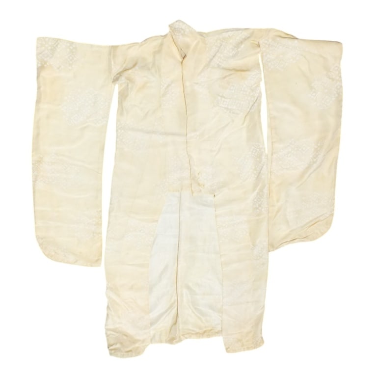Vintage Japanese White Silk Wedding Kimono: Vintage Japanese White Silk Wedding Kimono. Unsigned. Measures 65" L x 24" W. Condition: AS IS, Significant toning, some stains, condition consistent with age. Estimate 100 - 150 Domestic shipping