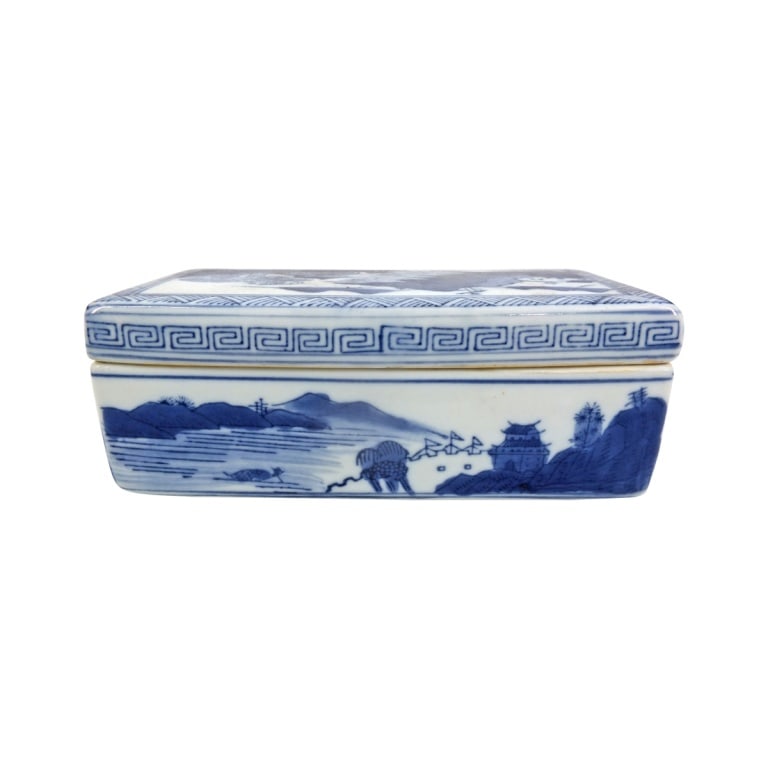 Antique Chinese Blue & White Porcelain Lidded Box: Antique blue and white porcelain lidded box decorated with scenes of riverside villages and featuring a divided interior. Unmarked on underside. Measures 3" H x 7-3/4" L x 4" D. Condition: Chip to