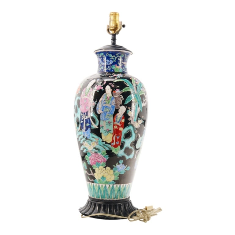 Large Chinese Famille Noir Lamp: Large Chinese famille noire porcelain vase presented as a lamp. Overall measures 25-1/4", 9". Condition: Good condition. Estimate 100 - 300 Domestic shipping Third party