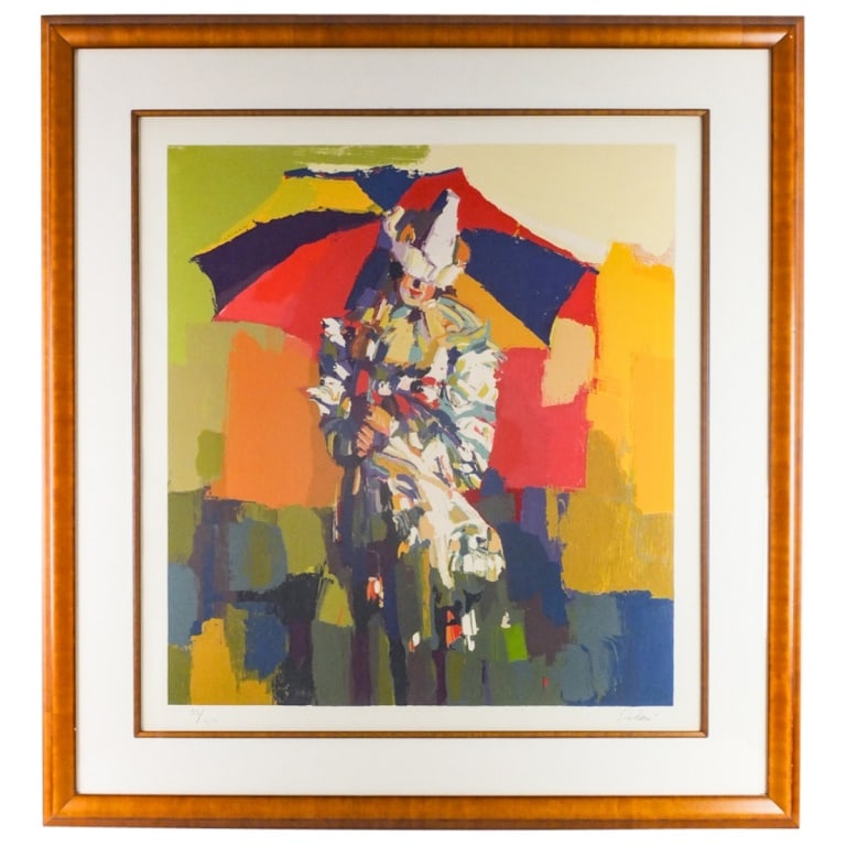 Nicola Simbari, Italian (1927 - 2012): Nicola Simbari, Italian (1927 - 2012) Serigraph on Paper "Clown A L'Ombrelle" Signed and Numbered 53/300. Sight measures 35-1/4" x 32". Frame measures 46-3/4" x 43-1/2". Condition: Good condition.
