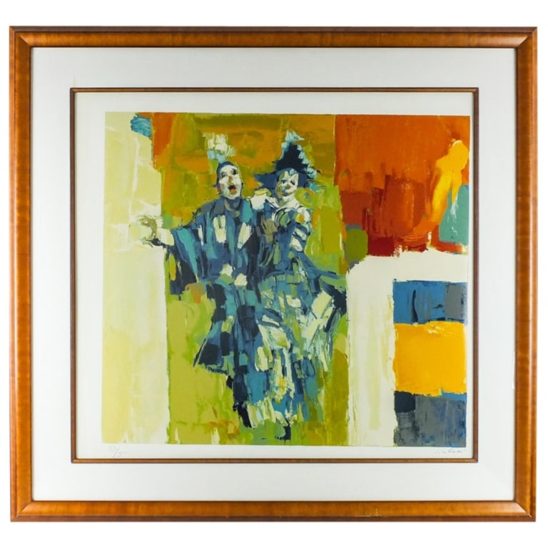 Nicola Simbari, Italian (1927 - 2012): Nicola Simbari, Italian (1927 - 2012) Serigraph on Paper "Deus Clowns" Signed and Numbered 53/300. Sight measures 32" x 35". Frame measures 43-1/2" x 46-1/2". Condition: Good condition. Estimate 100