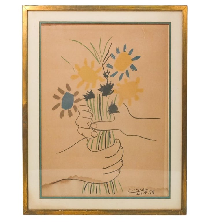 Pablo Picasso, Spanish (1881 - 1973): Pablo Picasso, Spanish (1881 - 1973) Lithograph on Paper "Bouquet of Peace" Signed in the Plate. Sight measures 23-1/2" x 17-1/4". Frame measures 28-3/4" x 22-1/2". Condition: Good condition.