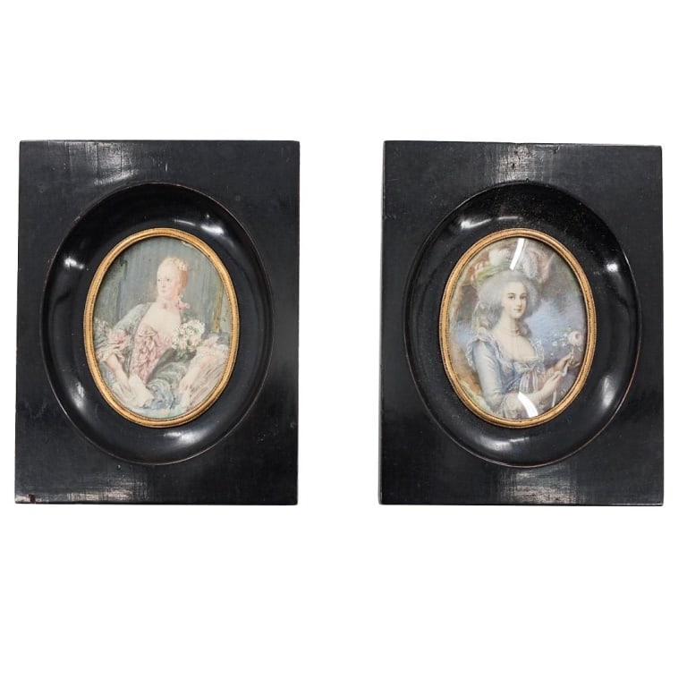Pair of Antique Framed Miniature Portraits: Pair of Antique Framed Victorian Hand Painted Miniature Portraits. Both are signed. Frames measures 6-1/4" x 4-7/8". Please note; this lot contains material which may be subject to state or