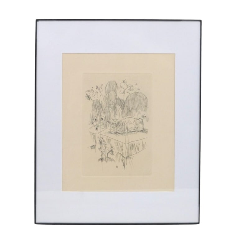 After Pierre Bonnard Etching "Interior with a Cat": After Pierre Bonnard (French, 1867-1947) Etching "Interior with a Cat". Initialed in plate. Framed under glass. Measures 9-1/2" x 7-1/2" (sight), frame 14" x 11". Condition: Toning or in good