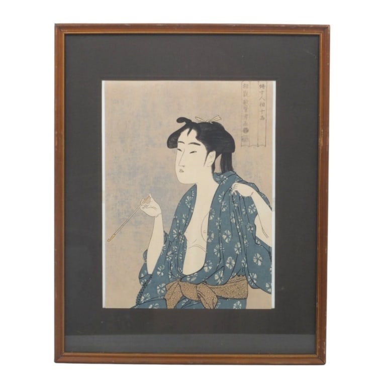 Kitagawa Utamaro Woodblock "Woman with Pipe": After Kitagawa Utamaro (Japanese, c.1753-1806) Antique Woodblock "Woman Exhaling Smoke from a Pipe" from the series “Ten Classes of Women’s Physiognomy (Fujo ninso juppon)” Stamped upper