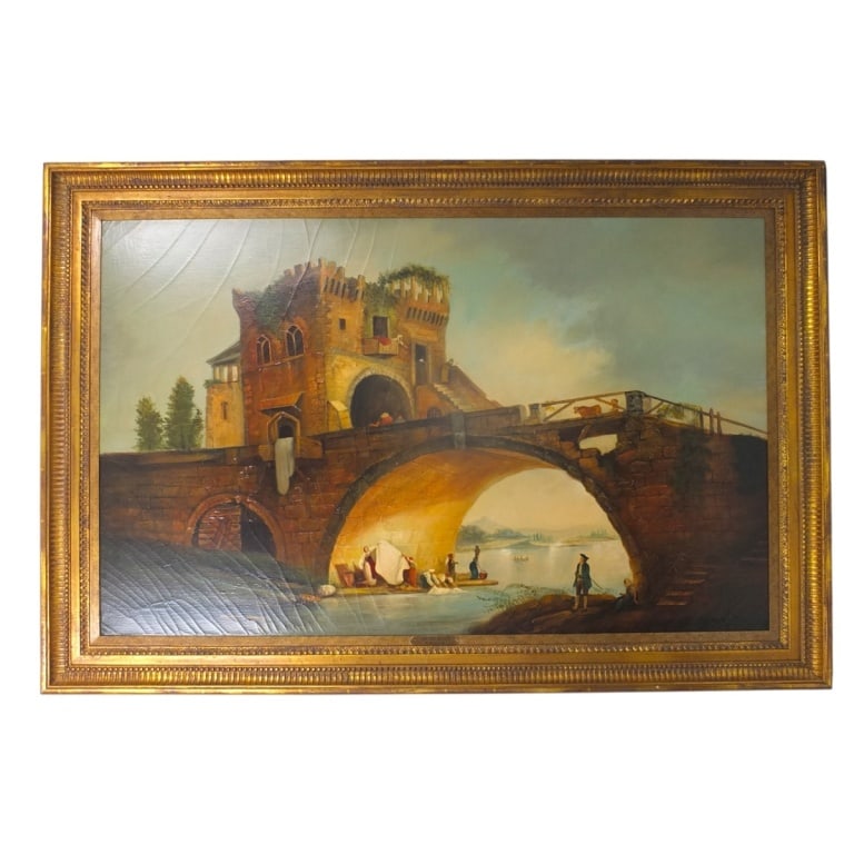 After: Hubert Robert Oil on canvas, The Old Bridge: After: Hubert Robert (French, 1733-1808) Vintage oil on canvas "The Old Bridge". Signed lower right: H. Moncznik. In gilt frame. Measures 30" x 48". Frame measures 37-1/2" x 55-1/2". Condition: