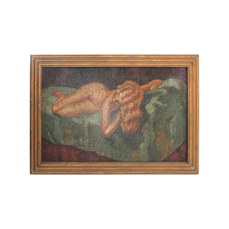 Mid-Century Textured Oil on Board "Nude": Mid-Century Textured Oil on Board "Nude". Unsigned. Measures 12" x 19-1/4", frame measures 14-1/2" x 21-1/2". Condition: Losses and wear. Estimate 50 - 150 Domestic shipping Third Party