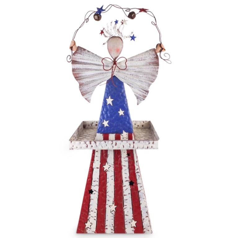 Vintage American Folk Art Sculpture: Vintage American Folk Art Hand Painted Aluminum Sculpture of an Angel with Bells. Unsigned. Measures: 38" x 13-1/2" x 11-3/4". Condition: lose to one bottom latch. Rubbing to the surface. Otherwise