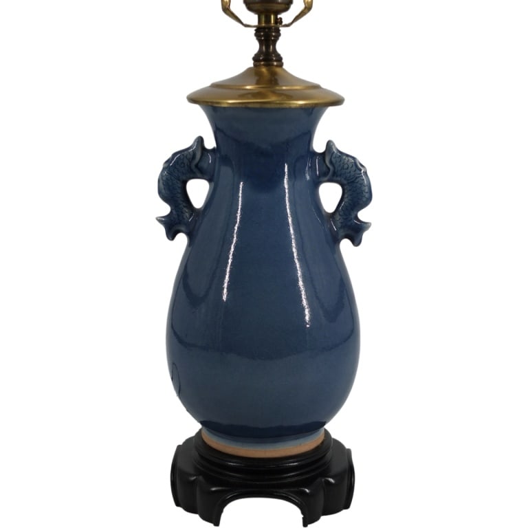 Chinese Porcelain Vase / Lamp: Vintage Chinese blue crackle glazed porcelain vase presented as a lamp. Overall measures 22-3/4" x 5-1/4". Vase measures 10" H x 5-3/4" W. Condition: Good condition. Estimate 50 - 150 Domestic