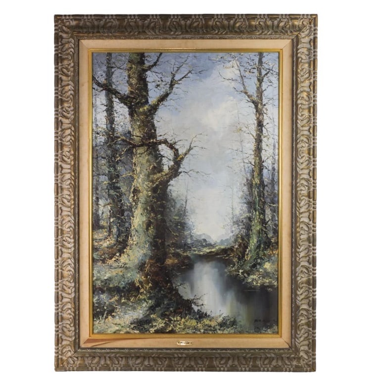 Wilhelm Brauer, German (Born 1924): Wilhelm Brauer, German (Born 1924) Oil on Canvas "View of a River In The Woods" Signed Lower Right. Measures 35-3/4" x 23-1/2". Frame measures 45-3/8" x 33-1/4". Condition: Good condition. Estimate