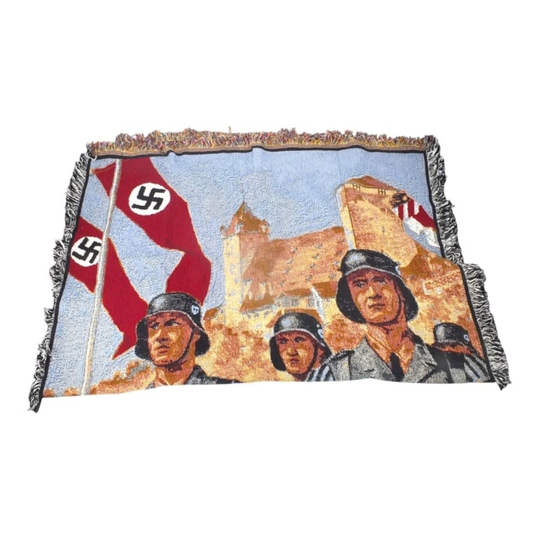 Nuremberg Rally Tapestry: Colorful Machine Woven Nuremberg Rally Tapestry "Reichsparteitag Nurnberg". Unsigned. Measures 71" x 50" Condition: Good condition. Estimate 200 - 400 Domestic shipping Third Party