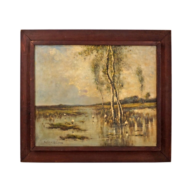 American School Oil on Canvas Wetland: American School oil on canvas painting of a wetland with birds. Signed lower left. Measures 19" x 22-3/4". Frame measures 26" x 29-3/4". Condition: Toning to the canvas from age overall good