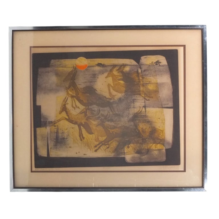 RS Riddick Etching "And The Beast Of The Field": R S Riddick, American, b. 1952- Color Etching "And The Beast Of The Field". Pencil signed, dated 1971,Titled and numbered 97/250 lower margins. Framed and presented under glass. Measures 23" x 28-1/2"