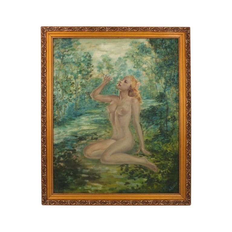 Mid Century French School Oil on Canvas "Nude": Mid Century French School Oil on Canvas "Seated Nude in the Woods". Signed H. Revier lower right. Measures 28" x 22", frame measures 31-1/2" x 25-1/2". Condition: Good condition. Estimate 200 - 400