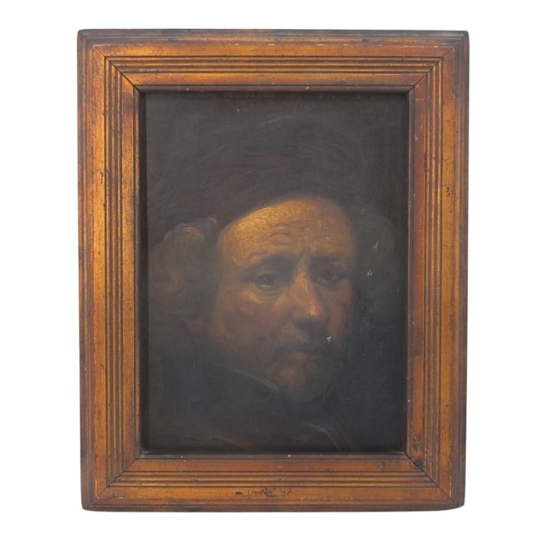 After: Rembrandt, Oil on Canvas "Self Portrait": After: Rembrandt Van Rijn, Dutch (1606 - 1669) Antique Old Master oil on C,W. Keenan stenciled canvas "Self Portrait" Unsigned. Measures 16" x 12", frame measures 20-3/4" x 16-3/4". Condition: 3