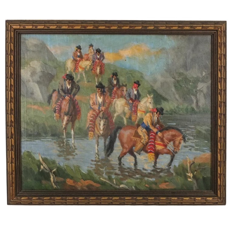 Spanish School Oil/Panel Spanish Horse Riders: Spanish School Oil on Panel "Spanish Horseback Riders" Unsigned. Spanish gallery label attached en verso. Sight measures 15" x 18". Frame measures 16-1/2" x 19-3/4". Condition: Good condition.