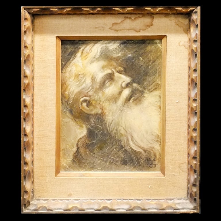 Virgil Finlay, American (1914 - 1971): Virgil Finlay, American (1914 - 1971) Ink and Wash on Canvas Board "Portrait of a Man" Signed and Dated 1964 Lower Right. Sight measures 11-1/4" x 8-1/4". Frame measures 17-3/8" x 14-3/8". Condition: