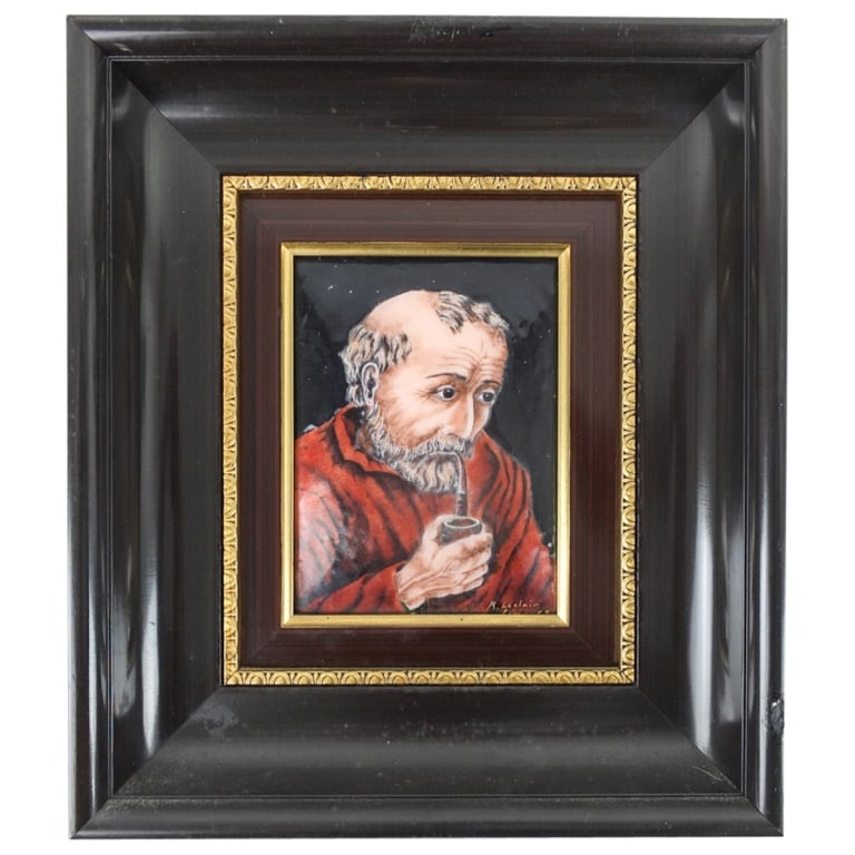 Framed Limoges Enamel on Copper Plaque: Framed Limoges Enamel on Copper Plaque Depicting the Portrait of a Pipe Smoker. Signed R. Leclair. lower right. Label attached en verso. Sight measures 6" x 4-1/2". Frame measures 12-1/4" x 10-3/4".