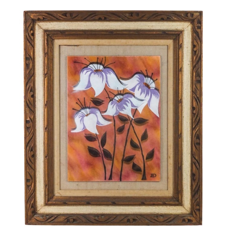 Judith Daner, American (20th Century): Judith Daner, American (20th Century) Enamel on Copper Panel "Still Life" Signed Lower Right. Measures 15-1/2" x 11-1/2". Frame measures 26-1/4" x 21-3/4". Condition: Good condition. Estimate 50 -