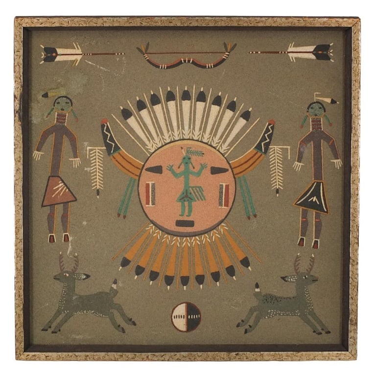 James C. Joe (20th Century): James C. Joe, Native American (20th Century) Framed Sand Painting "Guardians and Animals" Signed and Inscribed En Verso. Sight measures 18" x 18". Frame measures 19-1/4" x 19-1/4'. Condition: Good