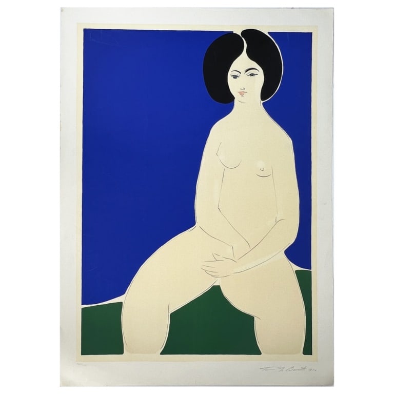 Thomas Barnett Serigraph/Rives "Nude Model" 1970: Thomas M Barnett, (American, 1928-2008) Serigraph on BFK Rives paper "Nude Model". Signed, dated 1970 and Numbered 60/100. Unframed. Sheet size: 33-1/2" x 24-1/4". Condition: Light creases at corners